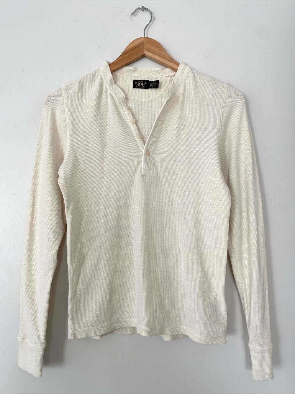 Ralph Lauren Double RL (RRL) cream waffle-knit henley shirt Sz S Slim-Fit Preppy